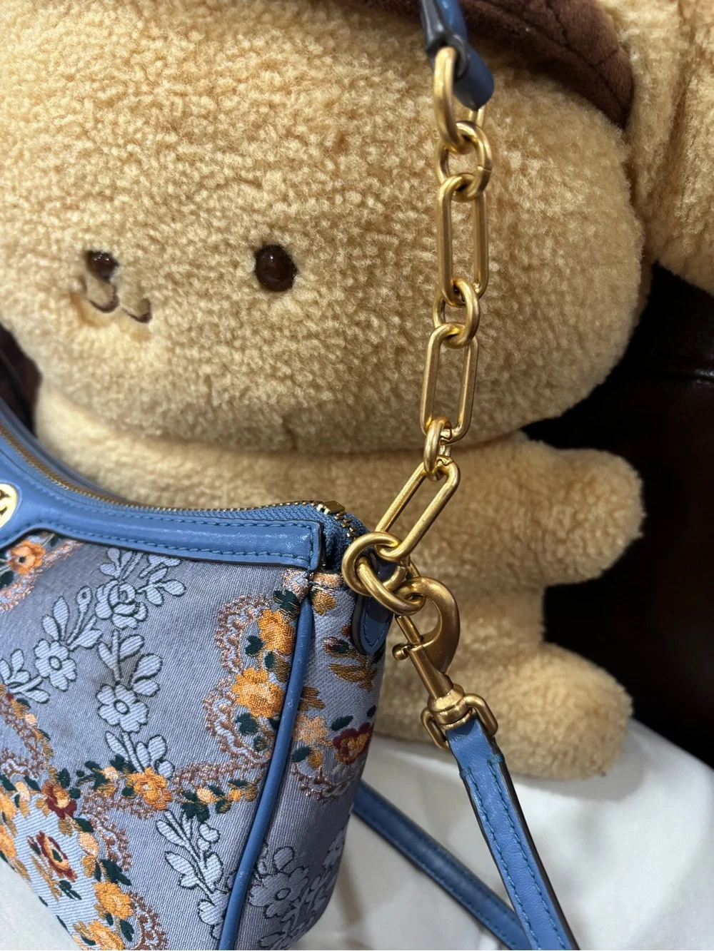 Tory Burch Blue Floral Embroidered Shoulder Bag with Gold Colored Hardware